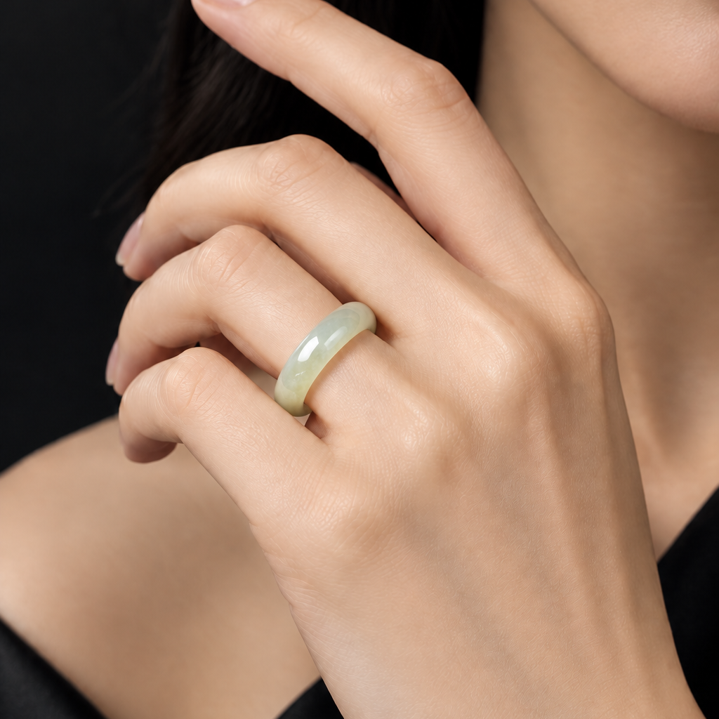 Yellow Jadeite Ring - Thinner Band on Model